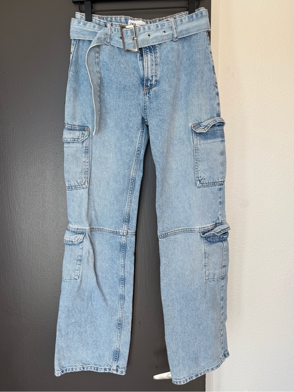 Zara Light Blue Relaxed Cargo Jeans with Denim Belt